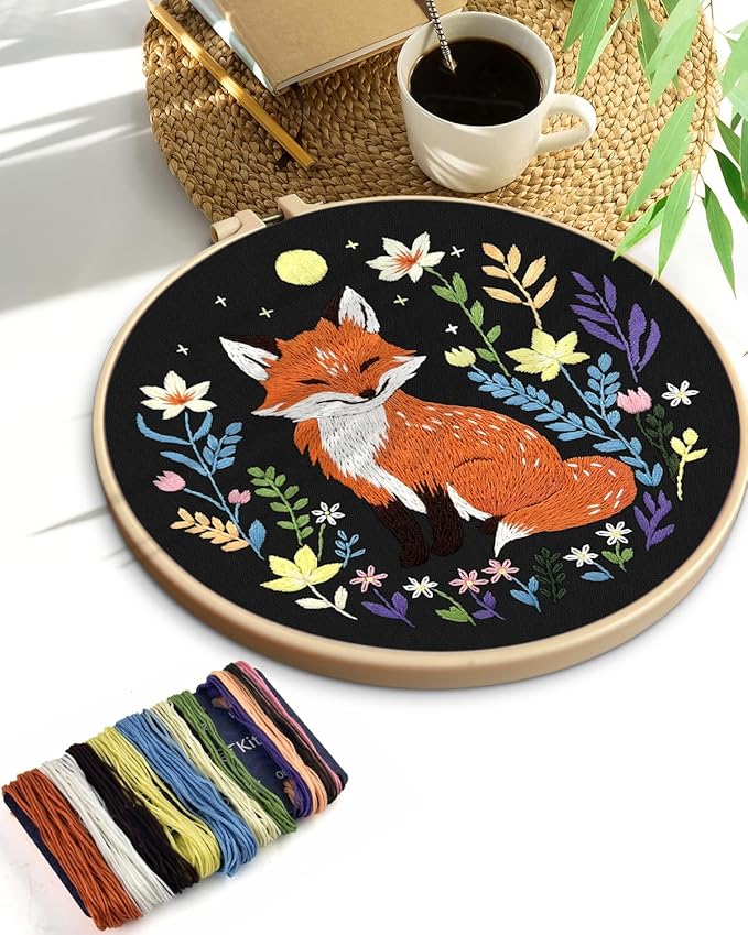TINDTOP Embroidery Kit for Beginners Adult, Fox Embroidery Kit for Beginners Include Embroidery Cloth Hoops Threads for Craft Lover Hand Stitch with Embroidery Skill Techniques