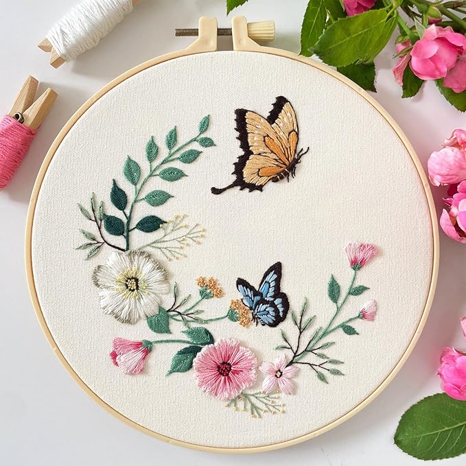Myfelicity Eembroidery kit for Beginners Adults, 3-Piece Bee and Butterfly Floral Designs,Including Tools Handmade Embroidery Hoop Art Set (red)