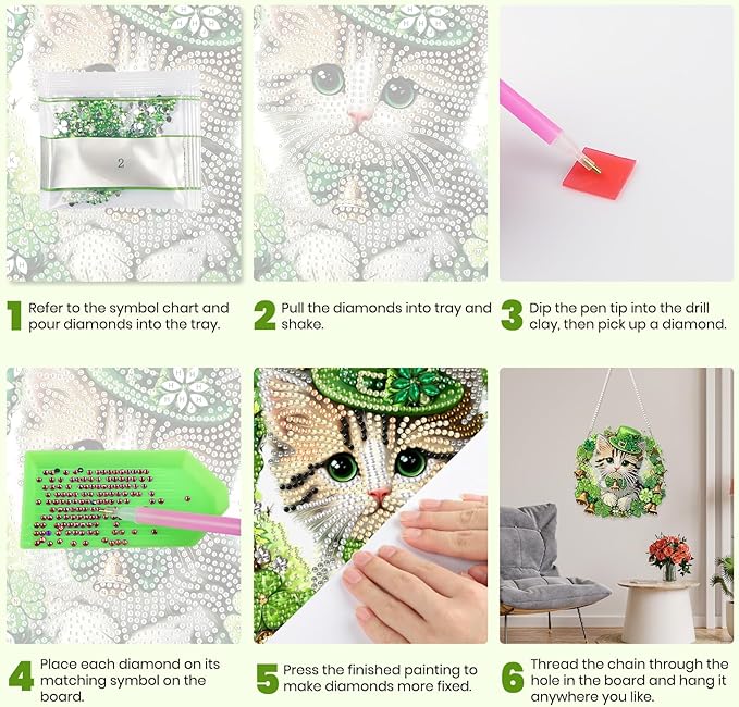 MXJSUA St. Patrick's Day Cat Diamond Art Hanging Kits for Adults Beginners, Crystal Diamond Suncatchers, Special Shape Diamond Painting Pendant Window Ornament Gifts for Home Garden Door Wall Decor