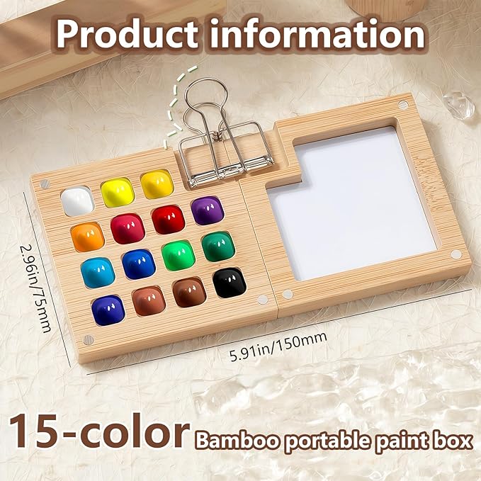 Mini Watercolor Paint Set Bamboo Travel Kit with Watercolor Palette Paintbrush Storage Bag and Water Storage Bottle Ready to Use Watercolor Sets for Artists and Beginners(15 Squares)