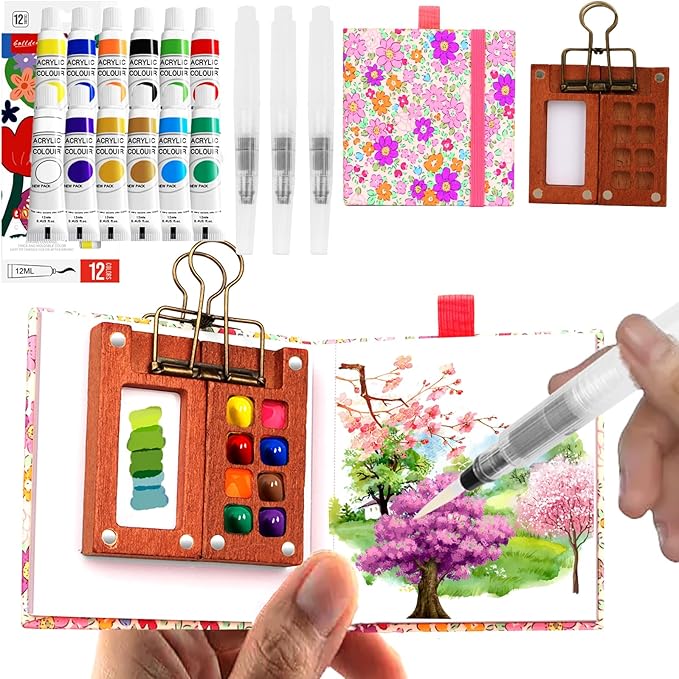 Pocket Wooden Paint Palette with Metal Clip, Water Colour Paints Sets with Sketchbook & Water Pen for Painters,Artists,Beginner (Rose-12 Colors, S-8 Grids)