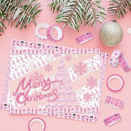 Whaline 12 Rolls Pink Christmas Washi Tape Winter Snowflake Santa Xmas Tree Washi Tape Christmas Holiday Pink Decorative Masking Tape Assortment for Scrapbook Journal DIY Crafts Gift Wrapping