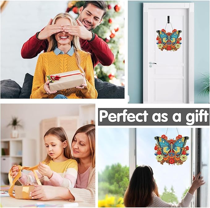 Bimkole Butterfly Diamond Art Hanging Kit for Adult, DIY 5D Diamond Art Flower Window Pendant, Acrylic Crystal Art Hanging Ornament Home Wall Garden Front Door Sign Outdoor Decor 7.8x7.8 Inch