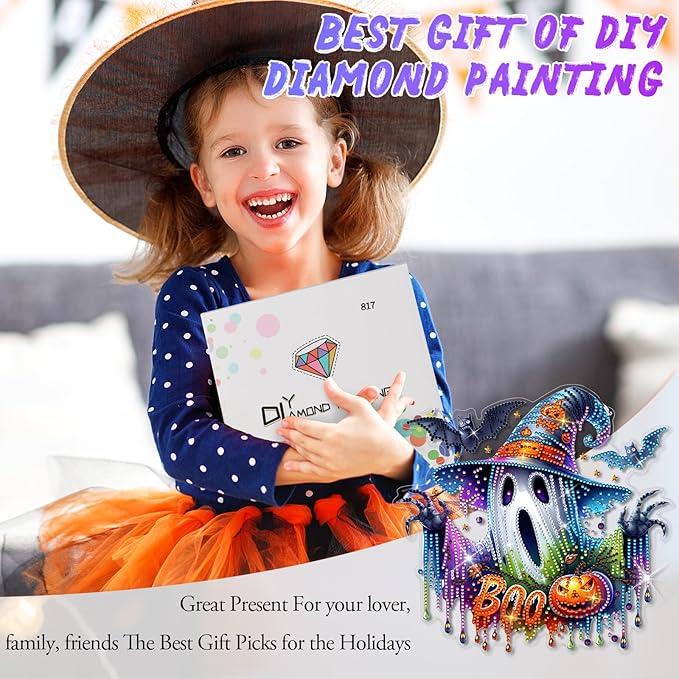 GAYISIC Diamond Art Hanging Kit for Adult, Double Sided 5D Acrylic Diamond Art Painting Window Pendants,DIY Acrylic Diamond Art Painting Window Pendants Home Garden Wall (Halloween Ghost)