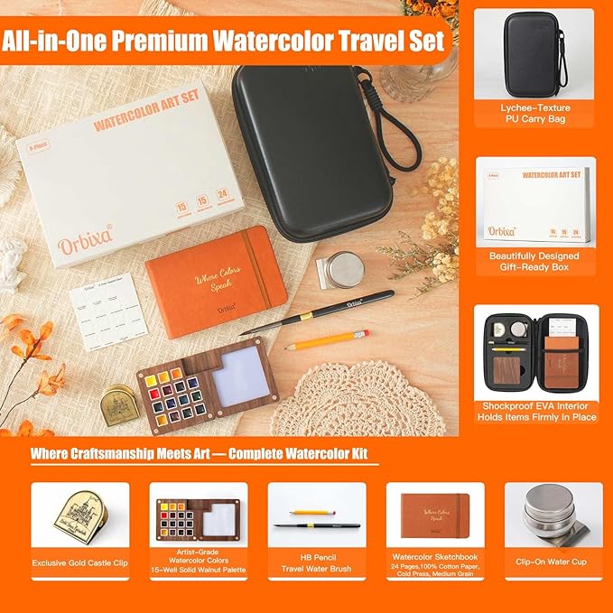 Orbixa Mini Watercolor Travel Set, 15 Artist-Grade Colors in Solid Walnut Palette, 100% Cotton Sketchbook, Water Brush, Water Cup & PU Leather Case — Portable Painting Gift for Artists (Cosmic Orange)