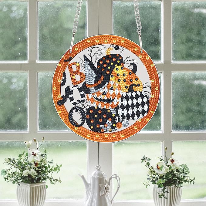 5D DIY Halloween Diamond Painting Hanging Ornament, Acrylic Rhinestone Pendant Craft with Ghost, Pumpkin, Bat & Witch Hat, Diamond Art Window Suncatchers for Home Wall & Door Holiday Decoration
