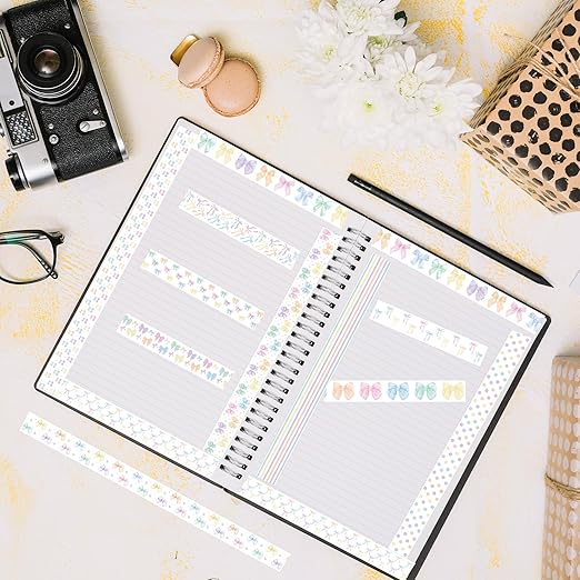 Watercolor Bow Washi Tape - 12 Rolls Colorful Watercolor Bow Pastel Preppy Aesthetic Scrapbook Washi Adhesive Glue Masking Tape Set School Office DIY Craft Scrapbooking Junk Journal Supplies