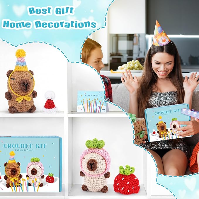 Crochet Kit for Beginner-2PCS Animals Brown and Beige Capybara Crochet Kit with Step-by-Step Video Tutorials,Stuffed Animal Knitting Kit for Adult,Capybara Party Crocheting Kit for Birthday