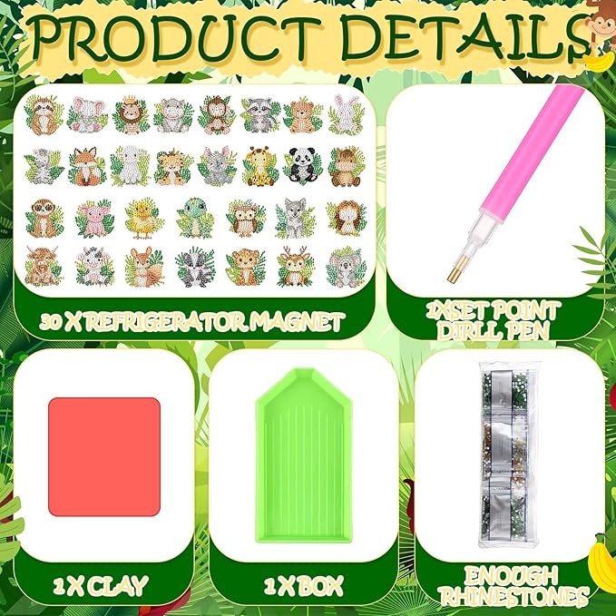 Xuhal 30 Pcs Jungle Animal Diamond Painting Magnets Safari Animal Diamond Art Magnets Kits for Adults Zoo Woodland 5D Rhinestone Refrigerator Magnetic Sticker for DIY Crafts Fridge Wildlife Gifts