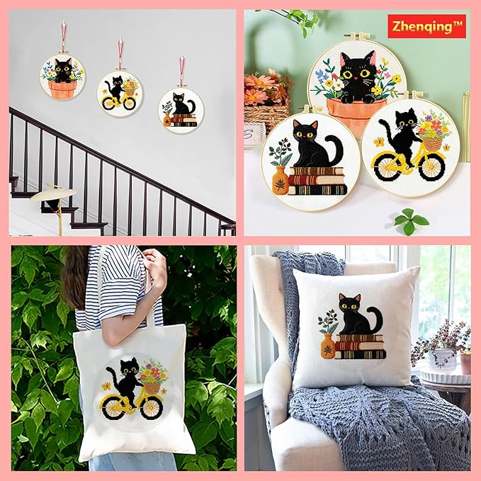 Zhenqing 3-Piece Black Cat Cross Stitch Kit for Beginners - Complete Set with Pre-Printed 11CT 24x24cm Fabric, Hoop, Threads & Tools (3 Adorable Cat Designs)(70403)