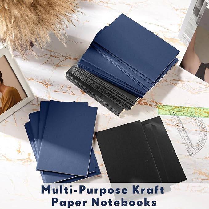 mimorou 100 pcs journals notebooks bulk - kraft softcover a5 small notebooks 5.5 inch x 8.3 inch notepads with 60 page 30 sheet for writing sketch travel office supplies(black, navy,lined)