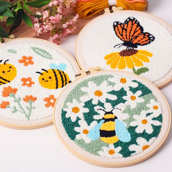 harimau 3pcs beginner embroidery kit,eye pattern,cross stitch kits, including stamped embroidery cloth with 3 embroidery hoops, multicolor color threads for embroidery kit (green)