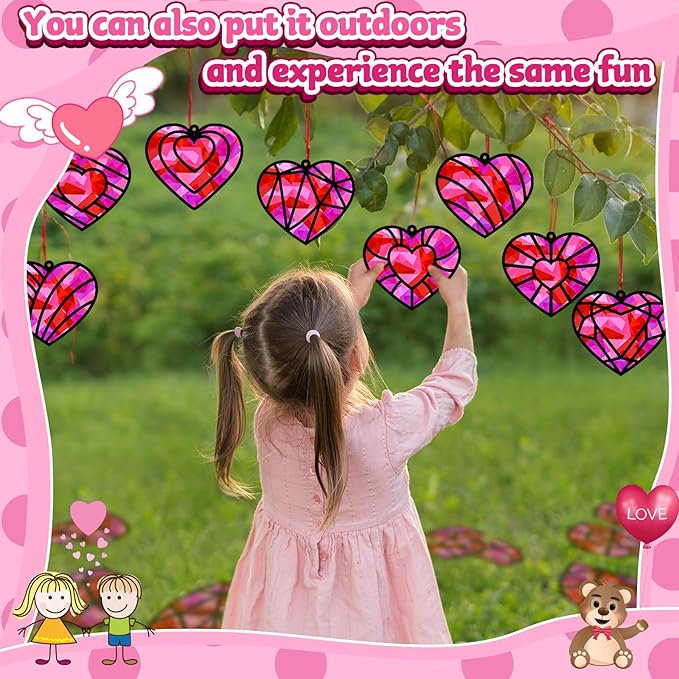 32 Sets Valentines Suncatchers Craft Kit DIY Heart Window Stained Glass Effect Paper Pink Love Home School Classroom Decoration Valentines Art Craft Creative Activity Project Kid Gift Favor