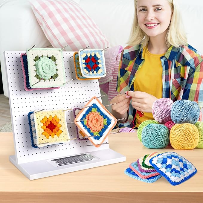 House of worlds 13" Crochet Blocking Board with 20 Pins/Pegs, Granny Square Blocking Boards for Crochet Projects, High-Density Board with PVC Coating. Crocheting Accessories Gifts for Crocheters