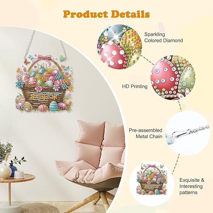 HEIBAGO Easter Eggs Diamond Art Hanging Kits for Adults, Diamond Art Suncatchers, 5D Special Shape Diamond Painting Pendant, DIY Window Ornament Gifts for Home Garden Door Wall Decor 8.3 x 8.3 Inch