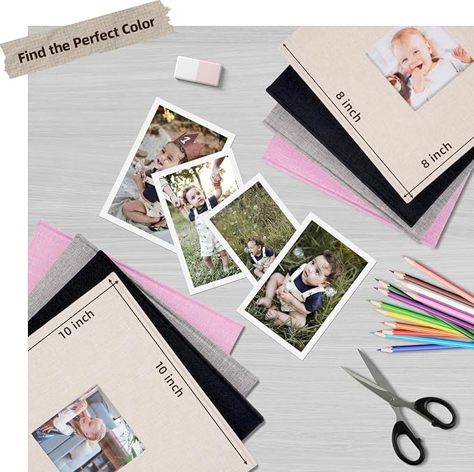 Scrapbook Album, 8"x8" DIY Photo Album with Square Window Linen Cover Kraft Paper 32 Sheets, Stylish Memory Book for Wedding, Anniversary, Family, Travel, Pink
