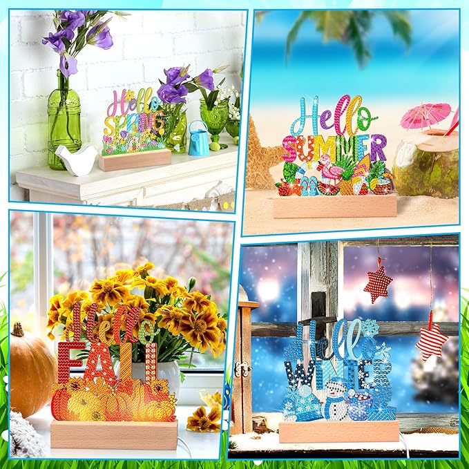 Chunful 13 Pcs Interchangeable Seasonal Diamond Art Tabletop Seasonal Holiday Diamond Art Painting Kit with Wooden Light Base for Table Tiered Tray Home Office Tabletop Centerpiece Decor