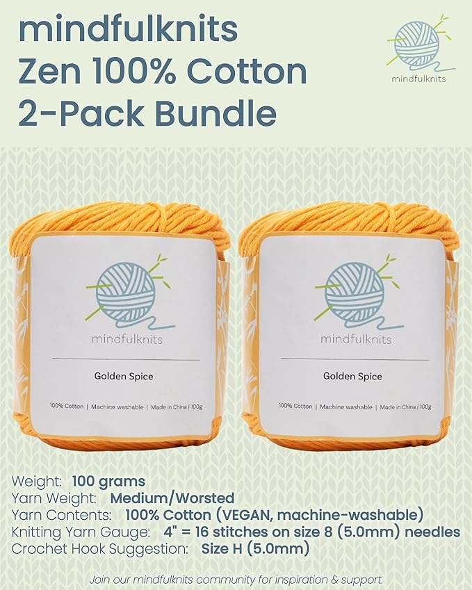 Knitting Yarn, Crochet Yarn, Mindfulness and Relaxation 100 Percent Cotton Yarn, Single Color 2-Pack - Medium Number 4 Worsted Bundle, Soft & Gentle for Garments, Amigurumi, Baby Items by mindfulknits