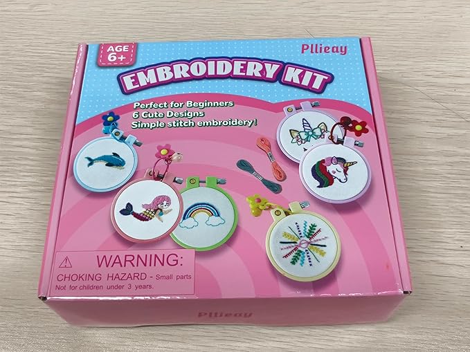 Pllieay 6PCS Embroidery Kit for Kids, Needlepoint Kits for Beginners with Pre-Printed Pattern, 6Pcs Hoop, Threads, Keychains and Instructions, Kids Cross Stitch Kits Supplies for Crafting