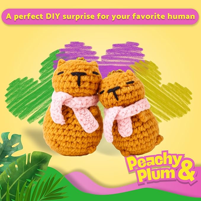 Berstuk Peachy & Plum – Snuggly Capybara Crochet Kit for Beginners – Easy Amigurumi Animal Kit with Yarn, Hook, Keychains & Step-by-Step Tutorials – Adorable DIY Gift for Teens & Adults