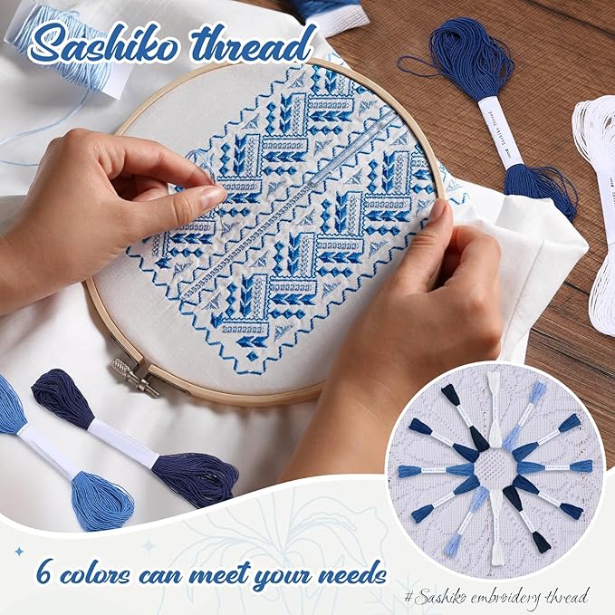 Zeyune 12 Skeins Blue Sashiko Thread Kit 100% Cotton with Sashiko Needles 20m(21.8yds) Thread for Hand Quilting and Embroidery Projects Pick Stitching Denim