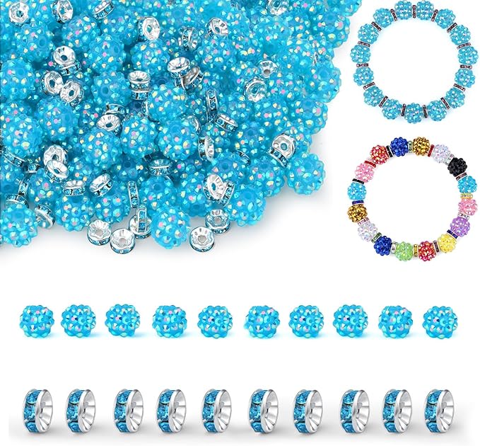 LAIDANLA 250pcs 12mm Blue Rhinestone Beads and 8mm Rondelle Spacer Beads for Beaded Pens, Sparkly Shamballa Disco Baseball Bead for Bracelets Making Necklaces Earring DIY Craft