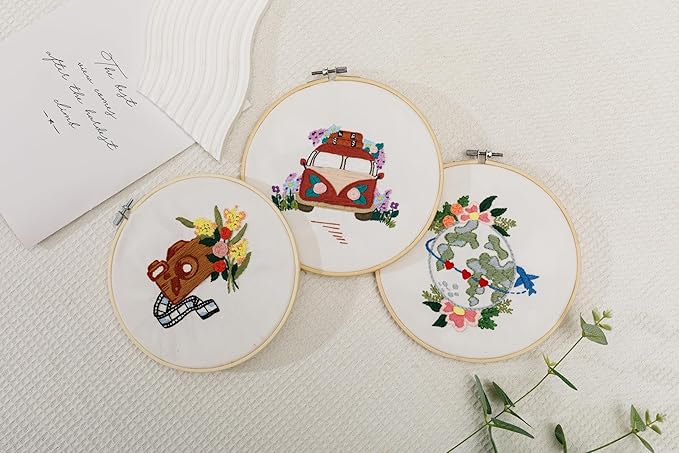 Looples Embroidery Kit for Beginners and Adults with Video Tutorials - Complete Embroidery Starter Kit with 3 Stamped Floral Patterns, Hoops, Threads, Needles, and Instructions (Car, Globe and Camera)