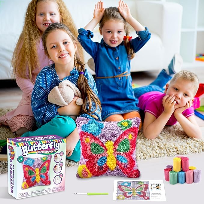 Butterfly Latch Hook Kit Butterfly Floral Pillow DIY Valentine Craft Kit for Kids Adults Beginners Making Your Own Pillow Craft Printed Pillowcase Crochet Yarn Art Handmade Cushion Gift for Sofa Decor