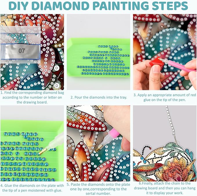 MEIYUDA Dragonfly Diamond Art Hanging Kits for Adult, Glass Lotus Dragonfly Diamond Painting Hanging Kits Ornaments, DIY Special Shaped Rhinestone Window Pendants Kit for Home Garden Wall Decor Gift