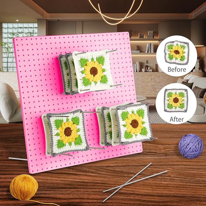 wuher 13''Granny Square Blocking Boards for Crochet Projects, Crochet Blocking Board with 20 pegs, Large-Sized Plastic Blocking Board is a Gift for Crochet Enthusiasts and Beginners (Pink)