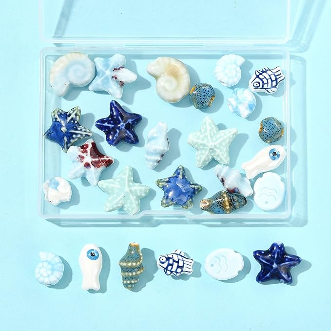 26Pcs Porcelain Ceramic Ocean Beads, 13 Styles Sea Seashell Fish Conch Starfish Porcelain Loose Spacer Beads for DIY Necklaces Bracelets Crafts Supplies