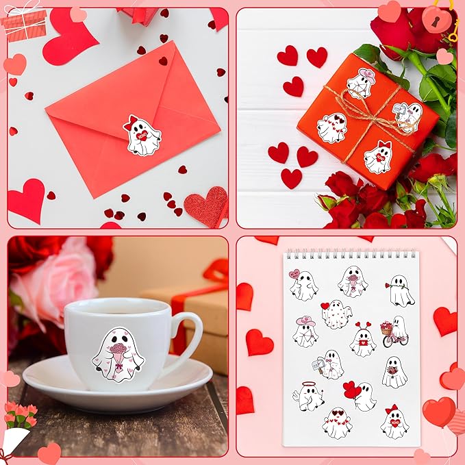 h1vojoxo valentine's day sticker rolls - 1000pcs valentine’s day ghost stickers 16 designs pink red cute ghost label tag seal stickers for kids craft envelope water bottle valentines party supplies