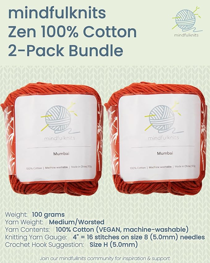 Knitting Yarn, Crochet Yarn, Mindfulness and Relaxation 100 Percent Cotton Yarn, Single Color 2-Pack - Medium Number 4 Worsted Bundle, Soft & Gentle for Garments, Amigurumi, Baby Items by mindfulknits