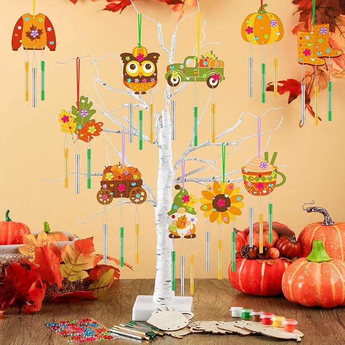 JellyArch 30 Pack Thanksgiving Day Fall Wind Chime Making Kit for Adults Make Your Own Wind Chime Harvest Maple Leaf Wooden Ornaments for DIY Activity Birthday Decoration