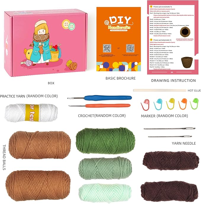 Finnacy Crochet Kit for Beginners Adults,Potted Succulent Plant Crochet Storage Box, All You Need in, Include Crochet Yarns, Hook, Step-by-Step Video, Instruction and Crochet Accessories
