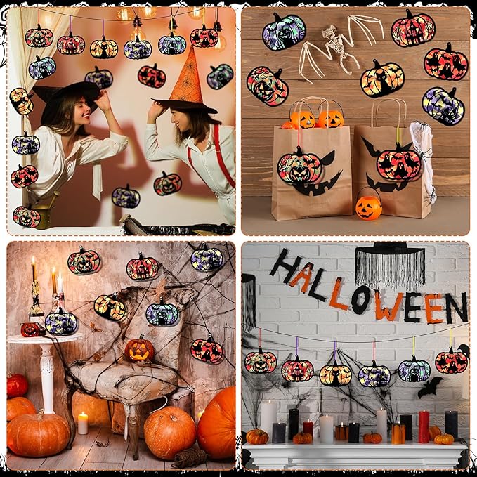 30 Pcs Halloween Suncatchers Paper Craft Set Pumpkin Bat DIY Stained Glass Effect Tissue Paper Kits Gift Bulk for Halloween Classroom Activities Art Party Decor