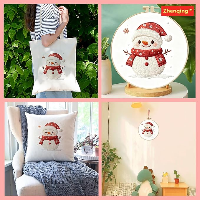 Zhenqing Snowman Embroidery Kit for Beginners - Complete Set with 20cm Hoop, Pre-Printed 29x29cm Cotton Fabric, Threads & Tools(C0146)