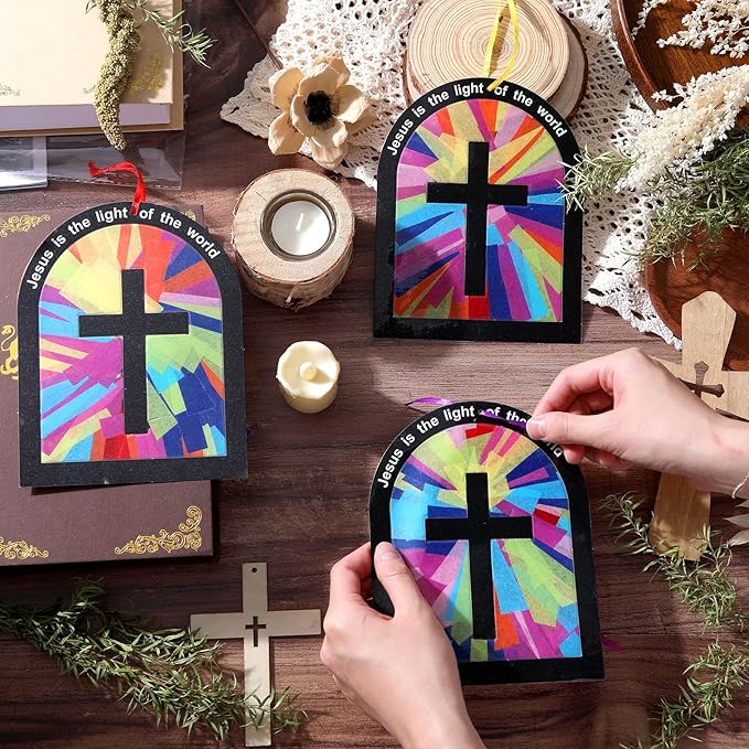 Motipuns 32 Sets 2026 Illumination Station Vbs Crafts, Religious Easter Christian Tissue Paper Stained Glass Kit for Adults, Jesus is the Light of the World DIY Window Art for Sunday School Decor