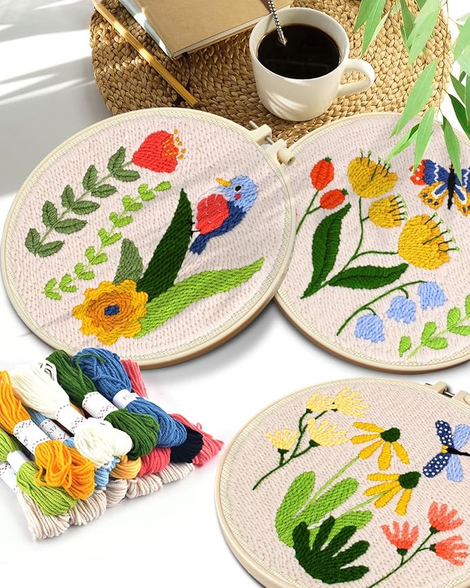 TINDTOP 3 Sets Punch Needle Kits, Flowers Punch Embroidery Kits for Adults Beginner, Tool with Punch Needle Fabric, Hoops, Yarns and Sewing Needles