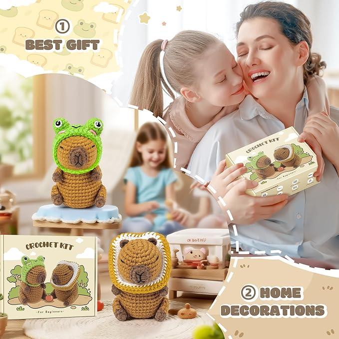 Capybara Crochet Kit for Beginners, 2PCS Capybara with Frog and Bread Hats Crochet Animal Kit with Step-by-Step Video Tutorials, Starters Crocheting Kits for Adult, Animals Knitting Kit for Birthday