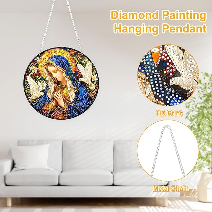 TOSTOG Virgin Mary Diamond Art Hanging Kits for Adults, Religious Artwork Diamond Painting for Adults Window Pendant, Special Shape Diamonds Diamond Painting Hanging Pendant Kit for Home Decor Gift