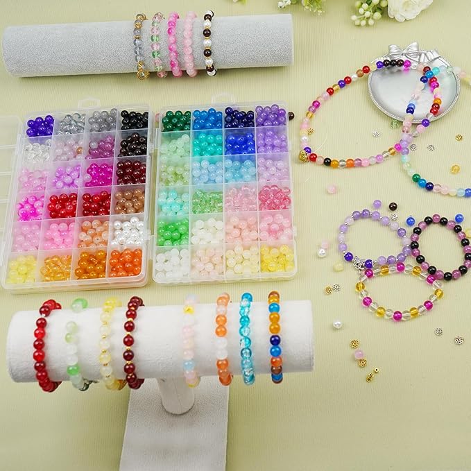 Hanyoung 8mm Glass Beads for Bracelet Making kit,48 Colors 1450 pcs Clear Glass Beads for Jewelry Making, Crystal Round Bracelet kit for DIY Craft Gifts (Solid Color)