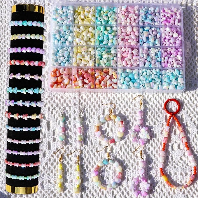 1280Pcs Acrylic Beads for Jewelry Making - Assorted Butterfly Heart Beads & Gradient Pastel Beading Kit Aesthetic Charms for DIY Bracelet Making, Kandi Charms, Friendship Bracelets & Craft