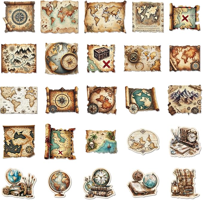 PRSTINCOL 100Pcs Vintage Sticker Pack,Cute Map Design Scrapbook Supplies, Vintage Aesthetic Junk Journal Accessories, Waterproof Vinyl Stickers for Water Bottles, Planners, Journals
