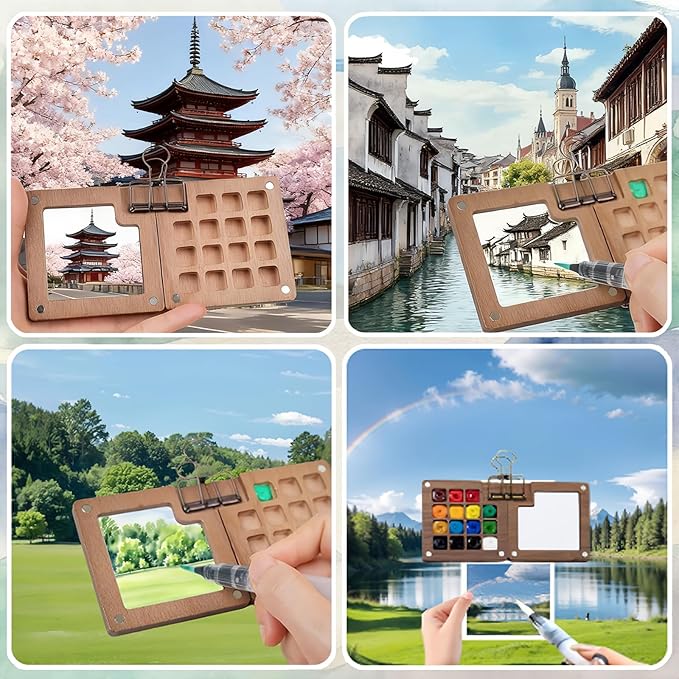 Walnut Wood Mini Watercolor Paint Set-24 Color Pocket Watercolor Set with Brush, Sketchbook and Towel, Complete Portable Watercolor Kit for Artists, Beginners, Students and Urban Sketching (15 Grids)