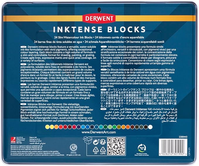 Derwent Inktense Blocks 24 Tin, Set of 24, 8mm Block, Soft Texture, Watersoluble, Ideal for Watercolor, Drawing, Coloring, Crafts and Painting on Paper and Fabric, Professional Quality (2300443)
