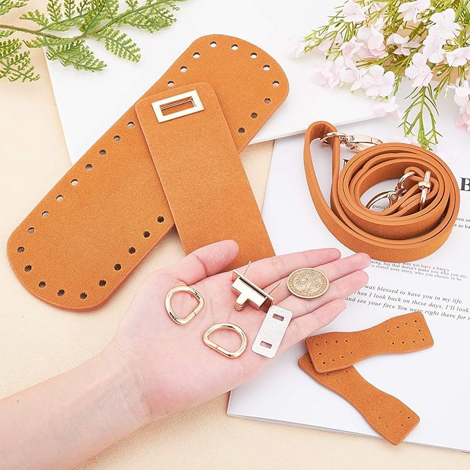 PandaHall DIY PU Leather Bag Knitting Set, Leather Bag Bottom/26” Shoulder Strap/Twist Lock/Flap Cover/Bag Buckles for Crochet Handbag Tote Shoulder Bags, Camel(7 Kinds of Accessories)