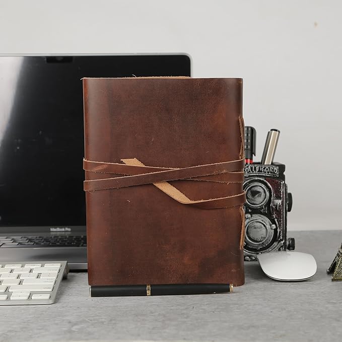 KomalC Dark Tan Leather Journal 8x6 | Handmade Vintage Notebook with Unlined Cotton Paper | Rustic Writing Diary & Sketchbook | Antique Travel Journal for Men & Women