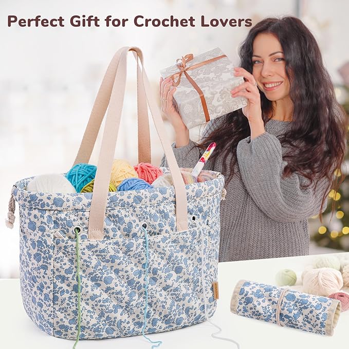 MYBAGZING Portable Crochet Bag Organizer with Crochet Hook Organizer Roll, Quilted Yarn Storage Tote with Grommets, Knitting Project Bag for Yarn & Accessories, Floral Craft Tote Gift for Crocheters