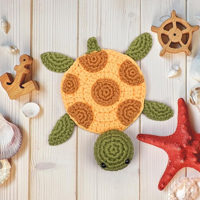 WaldyWop Crochet Kit for Beginners – Easy to Follow Tutorials, Ergonomic Hook & Tangle-Free Yarn, Complete DIY Craft Set for Teen Girls (13+) & Women, Stress Relief & Home Decor (Turtle Coaster)